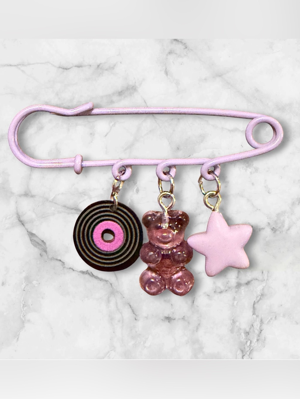 Pink Safety Pin Charm Brooch with Gummy Bear, Star & Target Charms